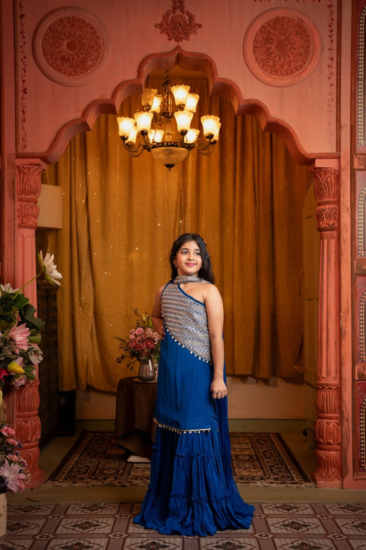 Stunning One - Shoulder Blue Indo - Western Lehenga with Mirror Work – Where Festive Glam Meets Modern Grace - Kirti Agarwal