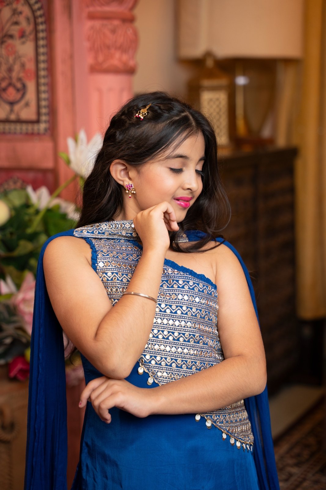 Stunning One - Shoulder Blue Indo - Western Lehenga with Mirror Work – Where Festive Glam Meets Modern Grace - Kirti Agarwal