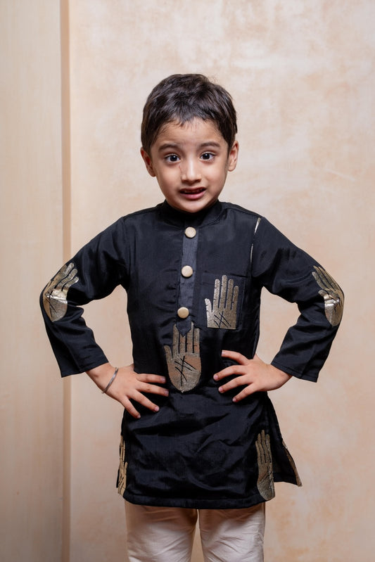 Stylish black embroidered kurta with cream pajama – a perfect fusion of tradition and trend for your little boy’s festive look - Kirti Agarwal