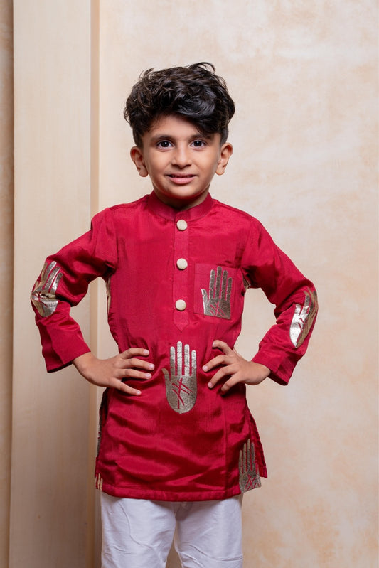 Stylish red embroidered kurta with white pajama – a perfect fusion of tradition and trend for your little boy’s festive look - Kirti Agarwal