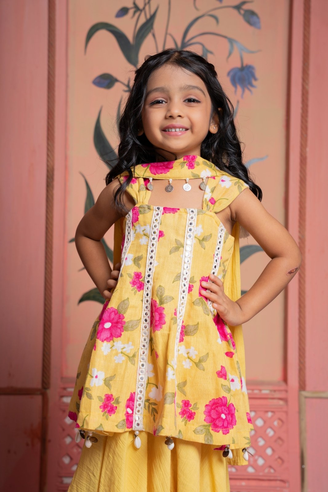 Sunny yellow floral peplum set with flared skirt and tassel dupatta—made for festive joy! - Kirti Agarwal