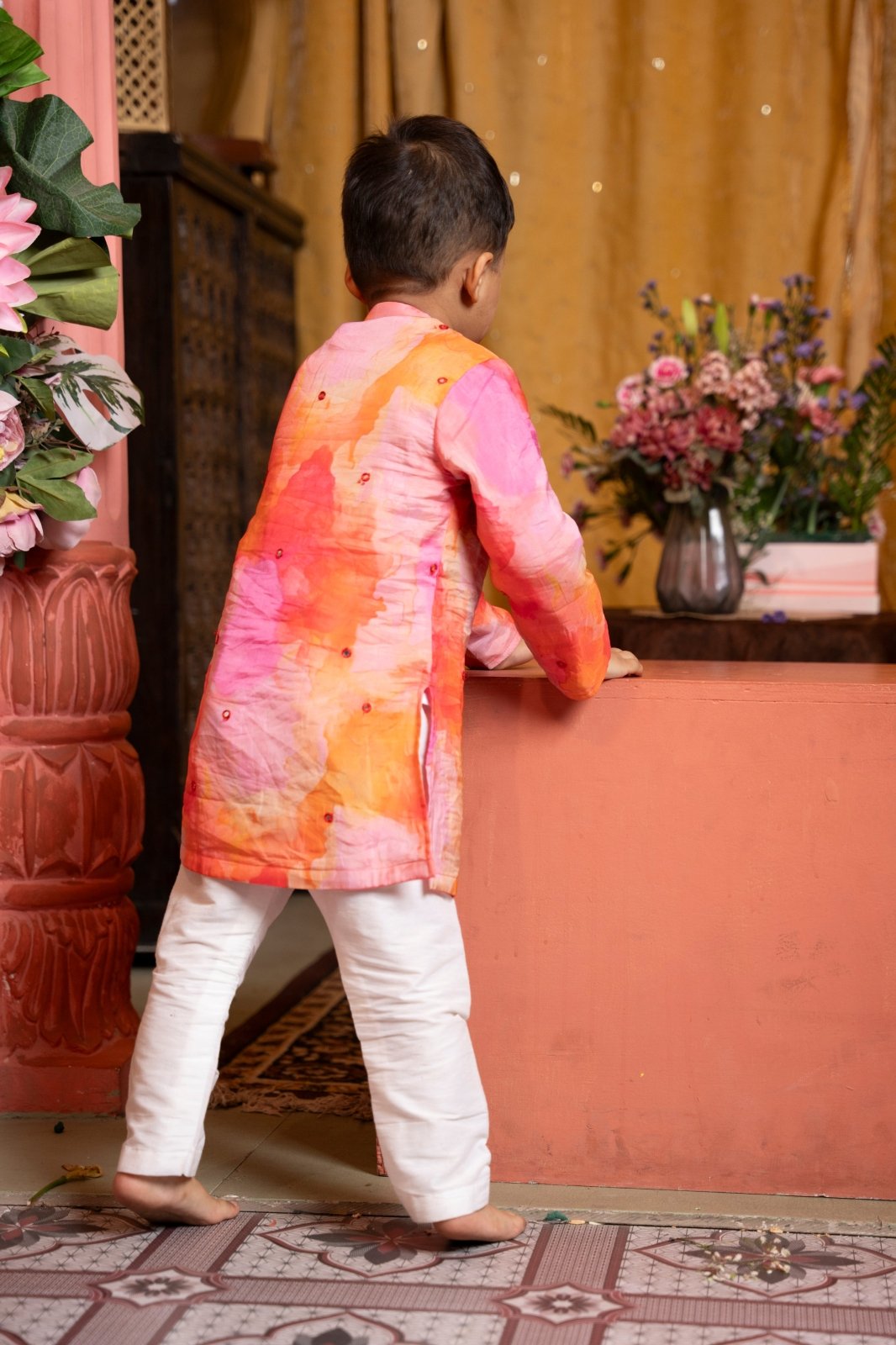 Vibrant festive kurta set for boys featuring a colorful silk - blend kurta and comfy white cotton pyjama. - Kirti Agarwal