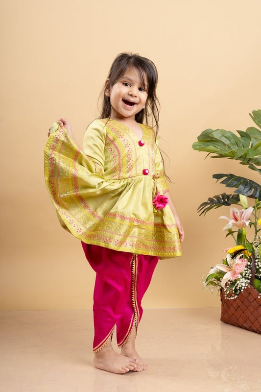 Vibrant lime Green printed kurta paired with bold fuchsia dhoti pants for a festive and playful look - Kirti Agarwal