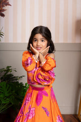 Vibrant Orange and Pink Floral Lehenga Choli with Rose Appliqué for Kids - Kirti Agarwal