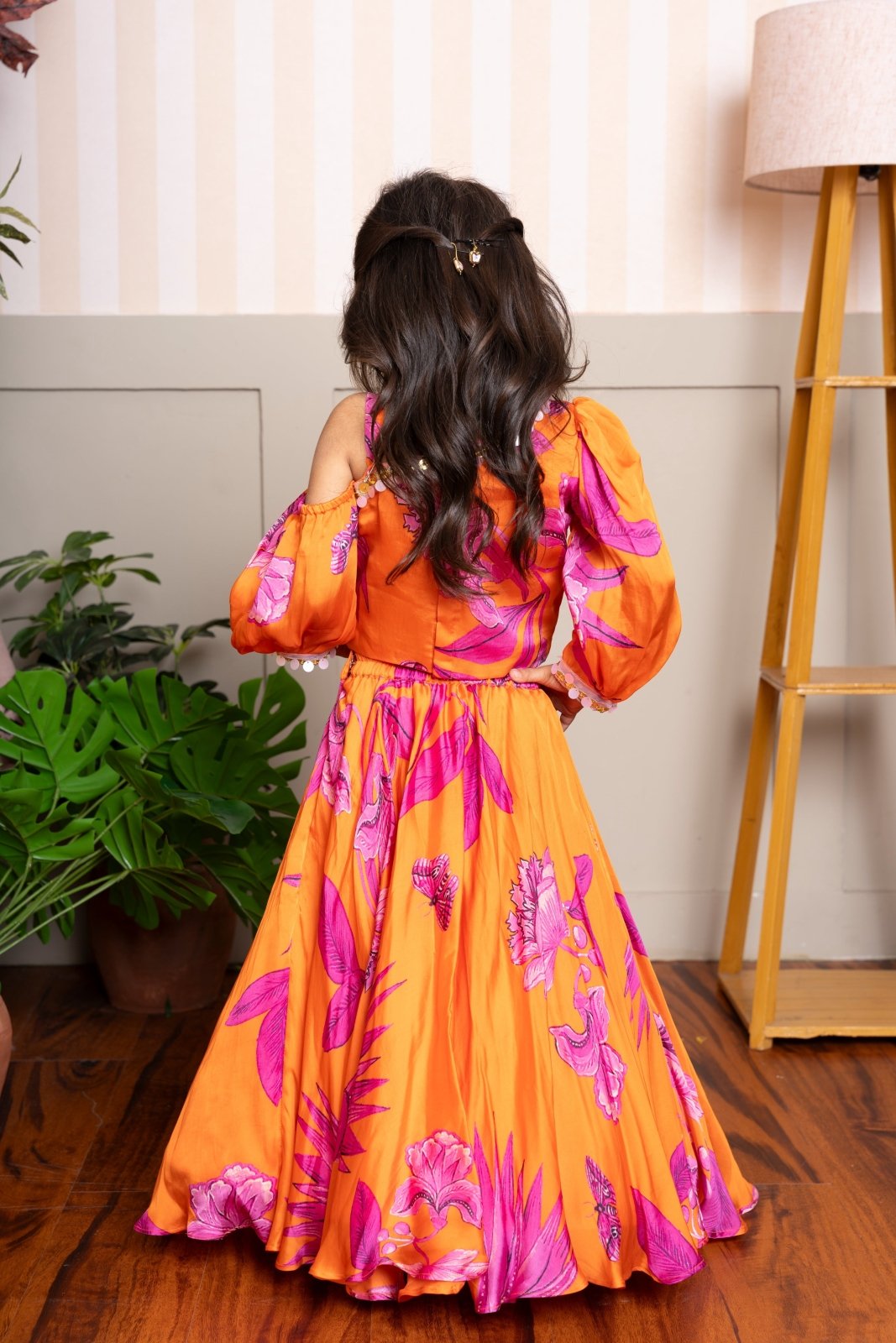 Vibrant Orange and Pink Floral Lehenga Choli with Rose Appliqué for Kids - Kirti Agarwal