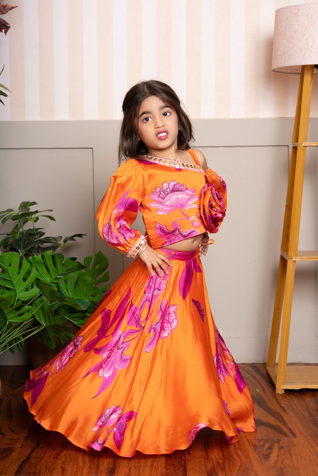 Vibrant Orange and Pink Floral Lehenga Choli with Rose Appliqué for Kids - Kirti Agarwal