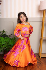 Vibrant Orange and Pink Floral Lehenga Choli with Rose Appliqué for Kids - Kirti Agarwal