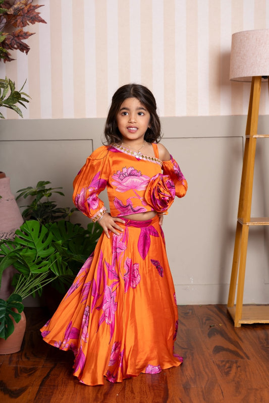 Vibrant Orange and Pink Floral Lehenga Choli with Rose Appliqué for Kids - Kirti Agarwal
