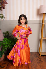 Vibrant Orange and Pink Floral Lehenga Choli with Rose Appliqué for Kids - Kirti Agarwal