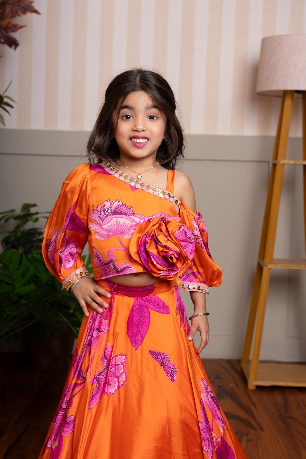 Vibrant Orange and Pink Floral Lehenga Choli with Rose Appliqué for Kids - Kirti Agarwal