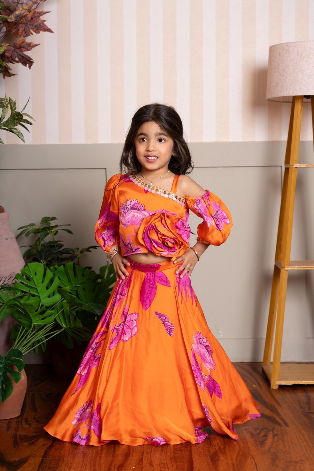 Vibrant Orange and Pink Floral Lehenga Choli with Rose Appliqué for Kids - Kirti Agarwal
