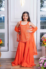 Vibrant Orange Mirror Work Sharara Set with Embroidered Crop Top and Dupatta – Perfect for Festive Celebrations and Weddings - Kirti Agarwal