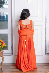 Vibrant Orange Mirror Work Sharara Set with Embroidered Crop Top and Dupatta – Perfect for Festive Celebrations and Weddings - Kirti Agarwal