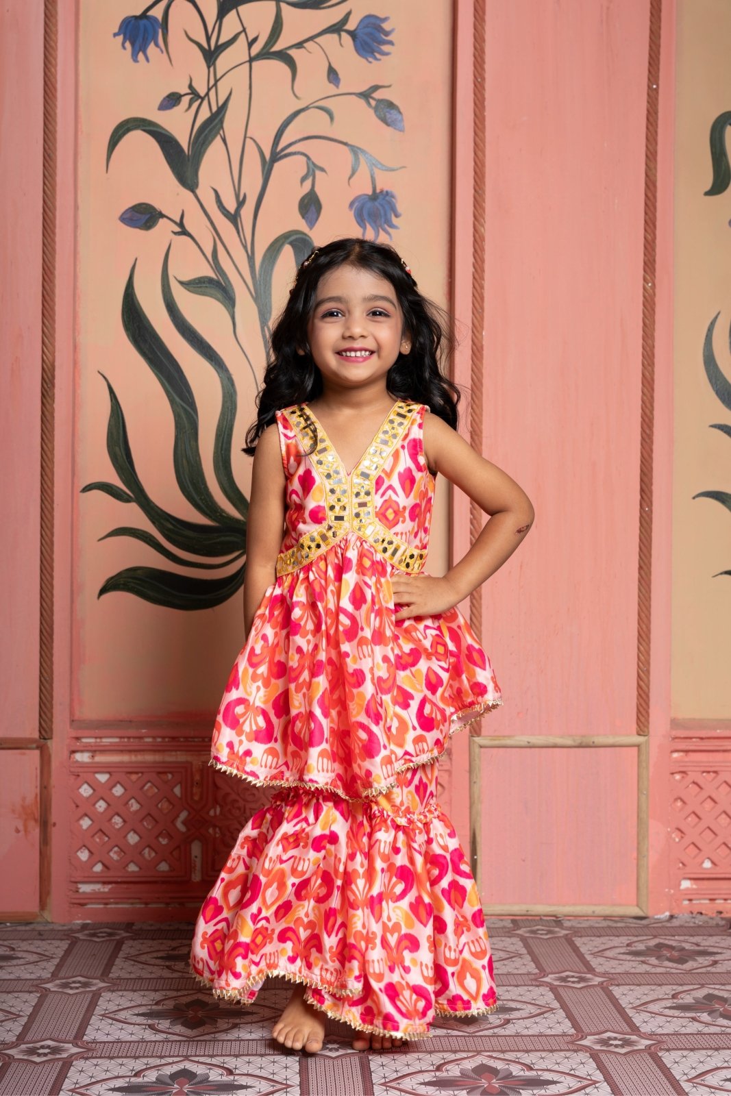 Vibrant printed kurti - sharara set with mirror work and gold accents—perfect for festive celebrations. - Kirti Agarwal