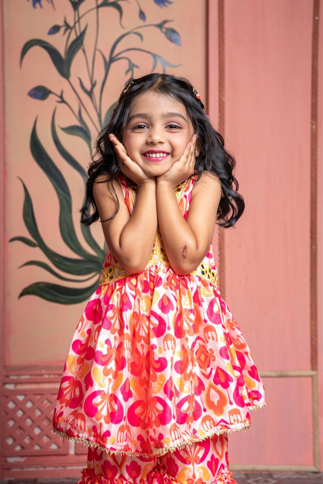 Vibrant printed kurti - sharara set with mirror work and gold accents—perfect for festive celebrations. - Kirti Agarwal