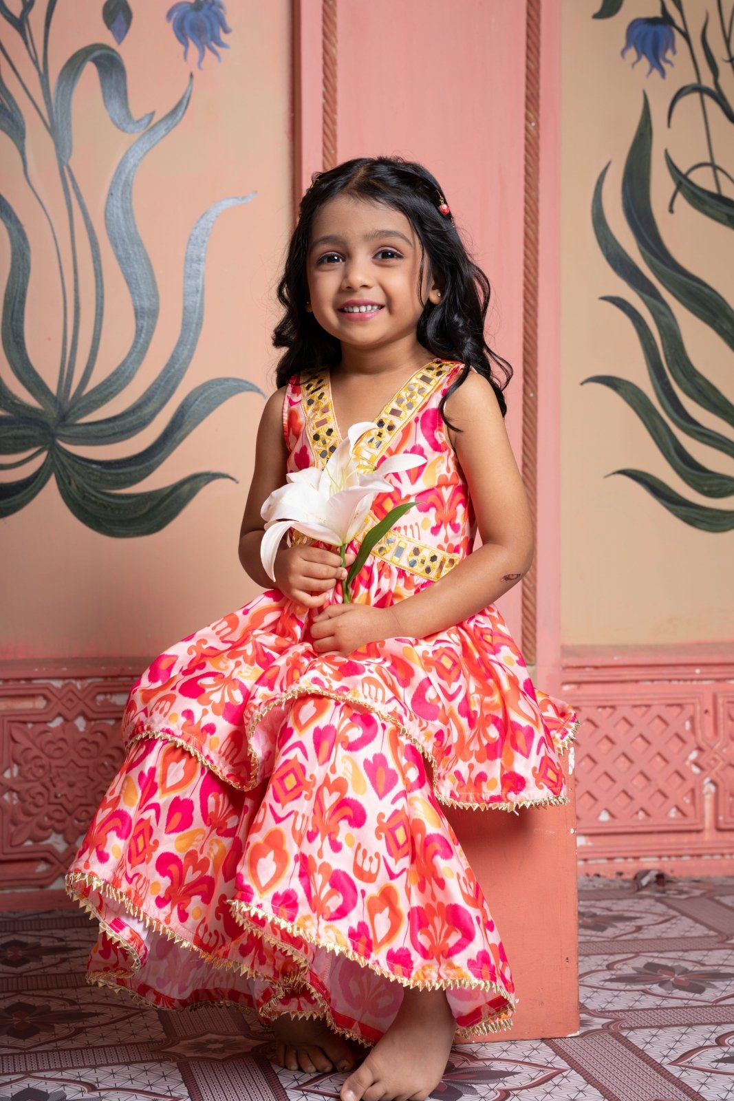 Vibrant printed kurti - sharara set with mirror work and gold accents—perfect for festive celebrations. - Kirti Agarwal