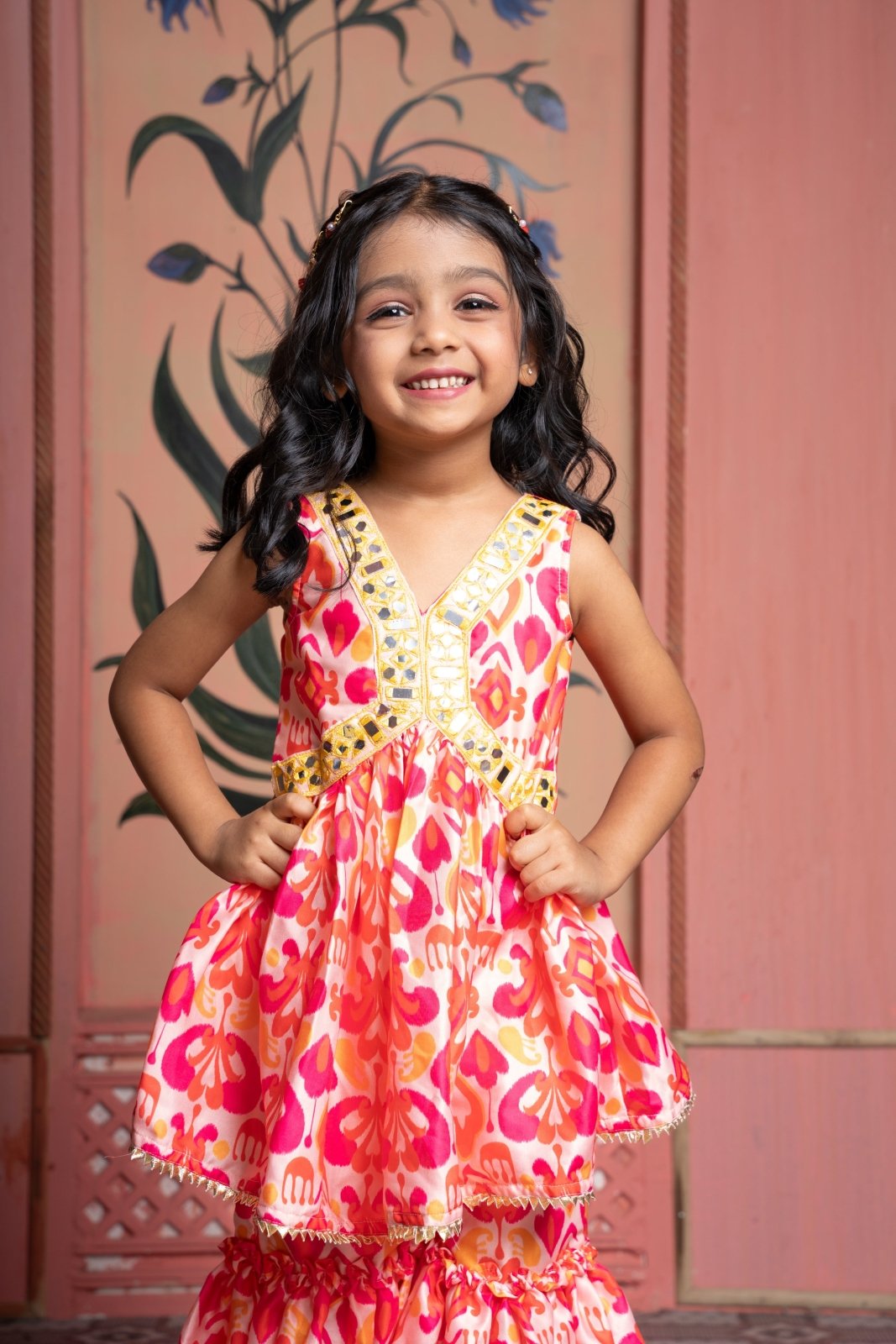 Vibrant printed kurti - sharara set with mirror work and gold accents—perfect for festive celebrations. - Kirti Agarwal