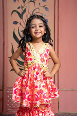 Vibrant printed kurti - sharara set with mirror work and gold accents—perfect for festive celebrations. - Kirti Agarwal