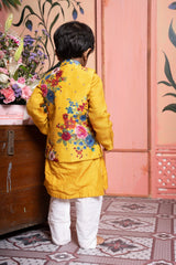 Yellow Kurta And Floral Printed Embroidered Jacket With Pyjama - Kirti Agarwal