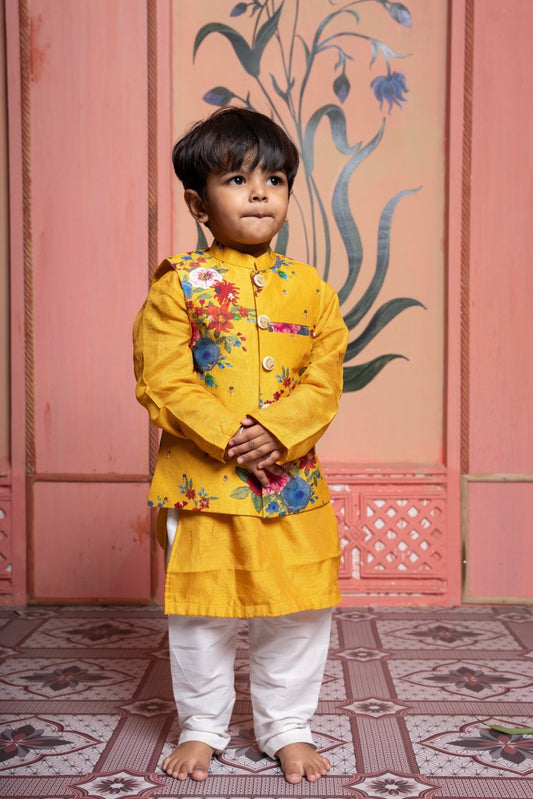 Yellow Kurta And Floral Printed Embroidered Jacket With Pyjama - Kirti Agarwal