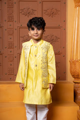 Yellow Kurta With Embroidered Jacket And White Pyjama - Kirti Agarwal