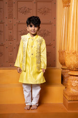 Yellow Kurta With Embroidered Jacket And White Pyjama - Kirti Agarwal