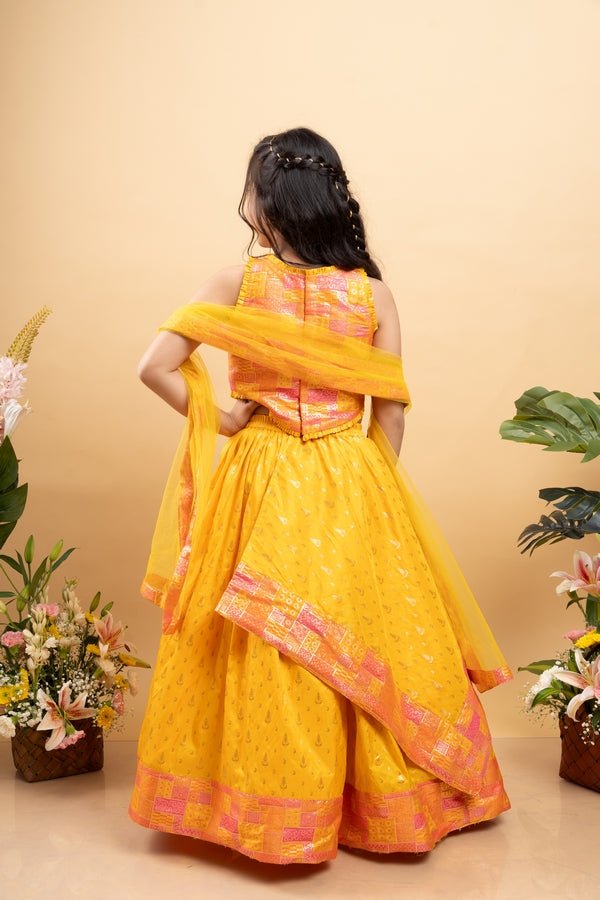 Yellow Multicolour Brocade Printed Top With Pleated Flap Lehenga And Net Dupatta - Kirti Agarwal