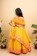 Yellow Multicolour Brocade Printed Top With Pleated Flap Lehenga And Net Dupatta - Kirti Agarwal