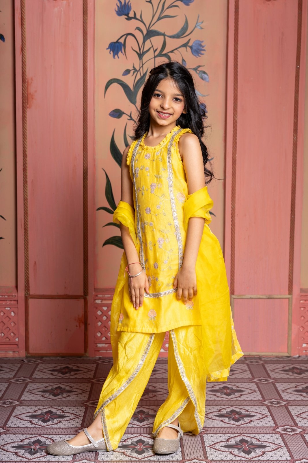 Yellow Sequin Embroidered Sleeveless Kurti With Dhoti And Dupatta - Kirti Agarwal