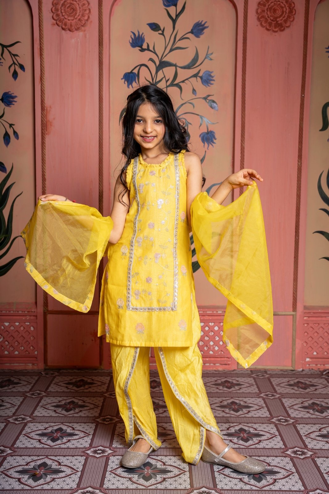 Yellow Sequin Embroidered Sleeveless Kurti With Dhoti And Dupatta - Kirti Agarwal