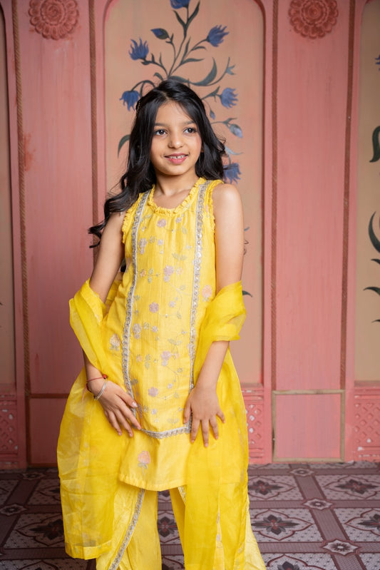 Yellow Sequin Embroidered Sleeveless Kurti With Dhoti And Dupatta - Kirti Agarwal