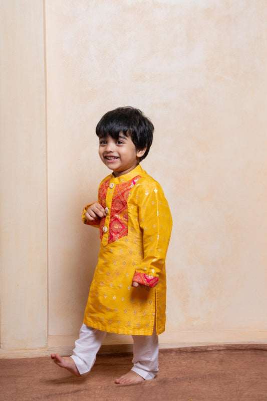 Yellow Sheen Brocade Silk Kurta With Pyjama - Kirti Agarwal