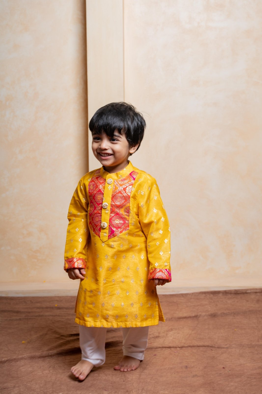 Yellow Sheen Brocade Silk Kurta With Pyjama - Kirti Agarwal