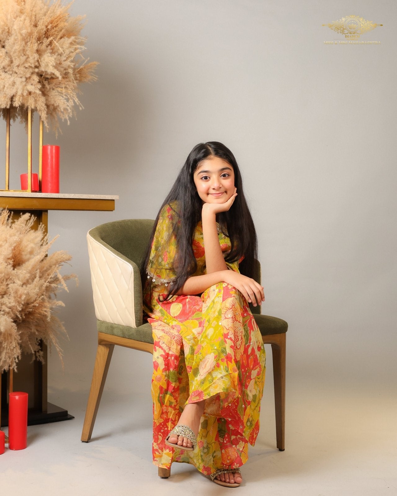 Yellow Strappy Top With Multicolor Printed Cape And Palazzo - Kirti Agarwal