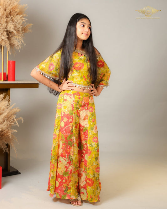 Yellow Strappy Top With Multicolor Printed Cape And Palazzo - Kirti Agarwal