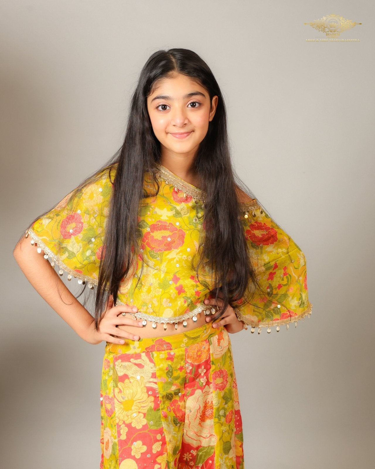 Yellow Strappy Top With Multicolor Printed Cape And Palazzo - Kirti Agarwal