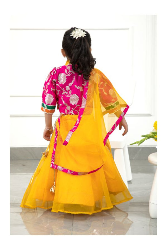 Beautiful Floral Brocade Embroidered Front Open Multicolour Top And Yellow Flared Organza Lehenga With Matching Dupatta - Kirti Agarwal