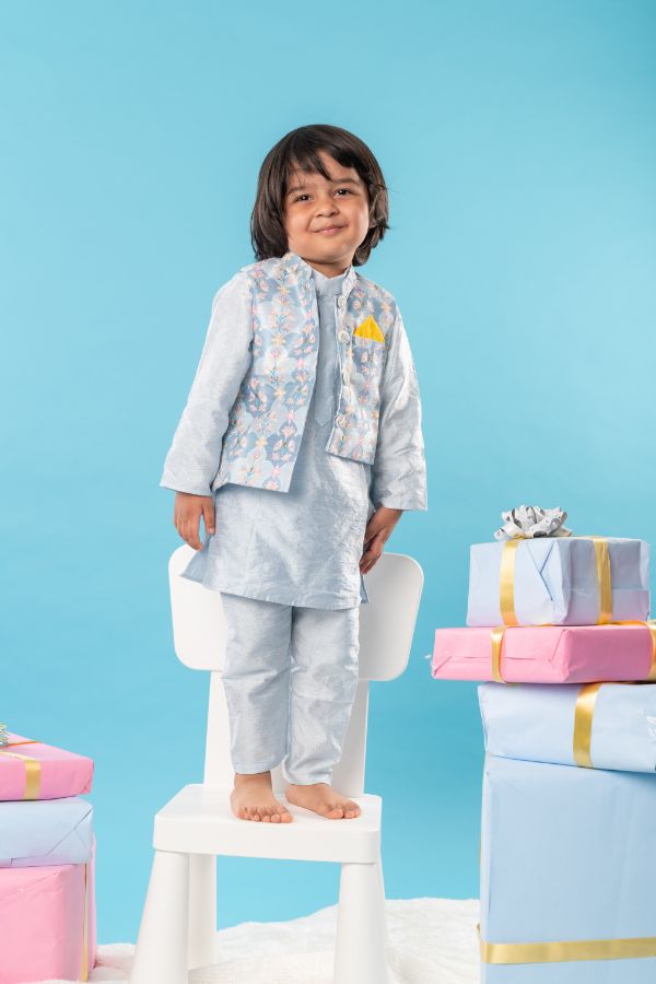 Blue Embroidered Jacket with Blue kurta and pyjama - Kirti Agarwal