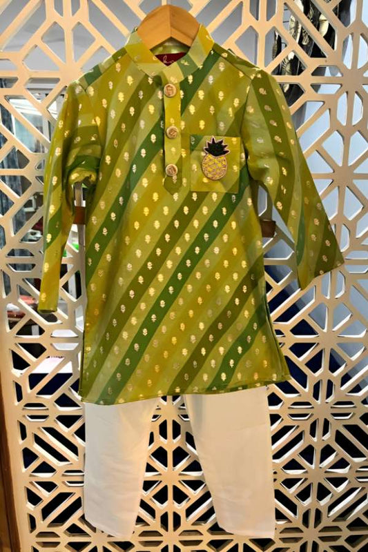 Brocade Embroidered Leheriya Printed Multicolour Kurta And White Pyjama - Kirti Agarwal