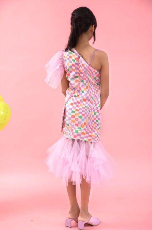 Check Printed one off shoulder dress with net frills at bottom - Kirti Agarwal