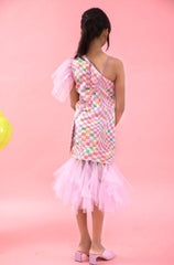 Check Printed one off shoulder dress with net frills at bottom - Kirti Agarwal