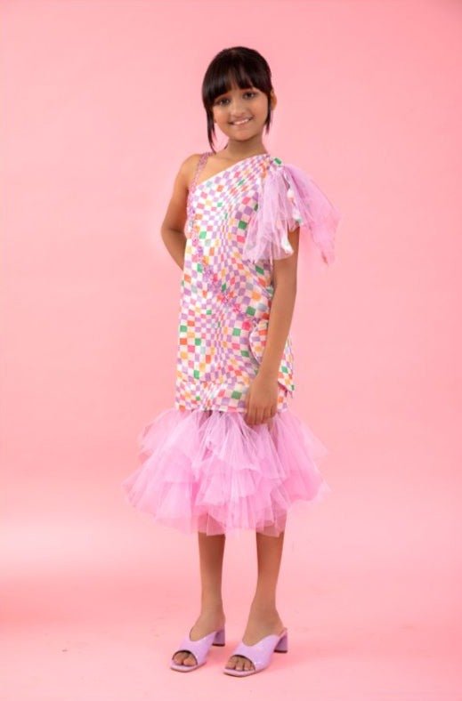 Check Printed one off shoulder dress with net frills at bottom - Kirti Agarwal