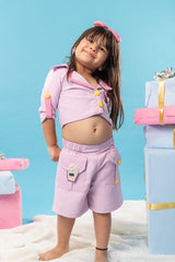 Collared crop top with skorts and cupcakes embroidery - Kirti Agarwal