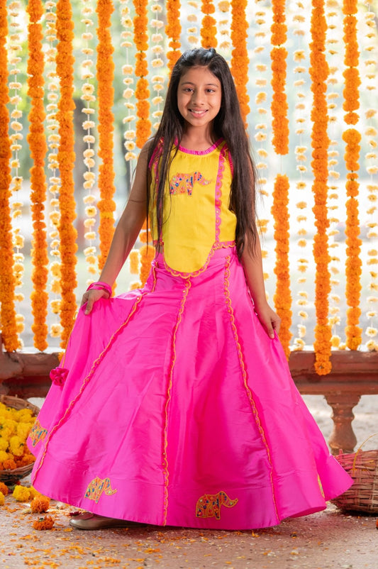 Dual Tone Top And Pink Lehenga With Potli Bag - Kirti Agarwal