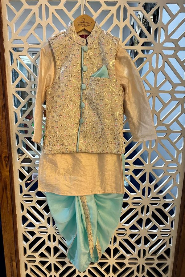 Embroidered Jacket with Beige Kurta and Dhoti - Kirti Agarwal