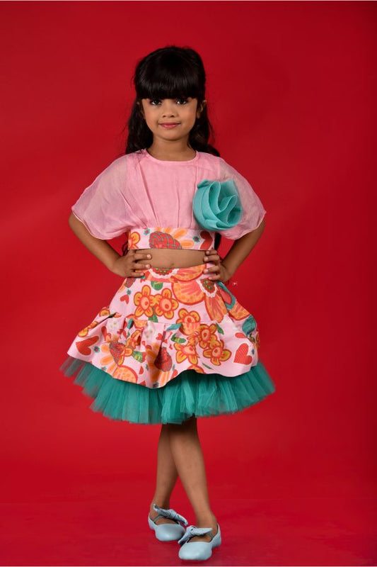 Falling Crop Top with Frilled Skirt and Embroidered Flower on top - Kirti Agarwal