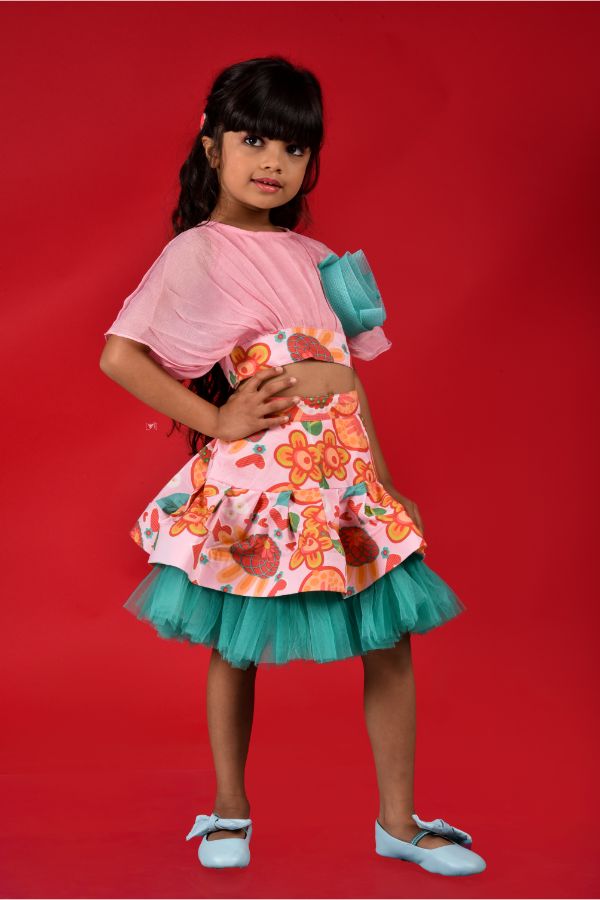 Falling Crop Top with Frilled Skirt and Embroidered Flower on top - Kirti Agarwal