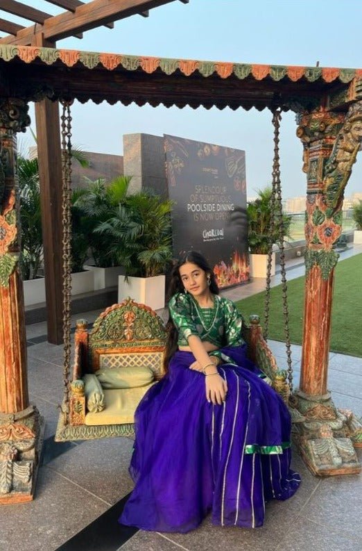 Floral Brocade Embroidered Green Top And Gota Lace Detail Blue Lehenga With Matching Dupatta - Kirti Agarwal