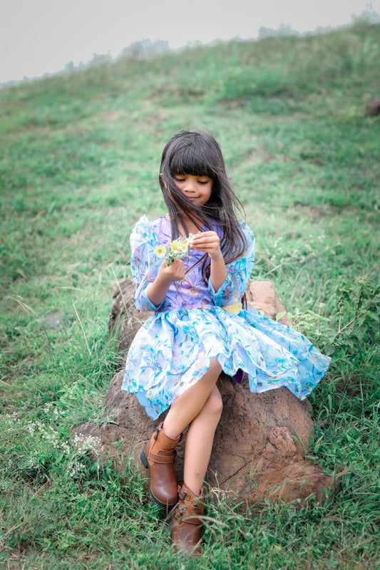 Floral Printed frock with flower on waist - Kirti Agarwal