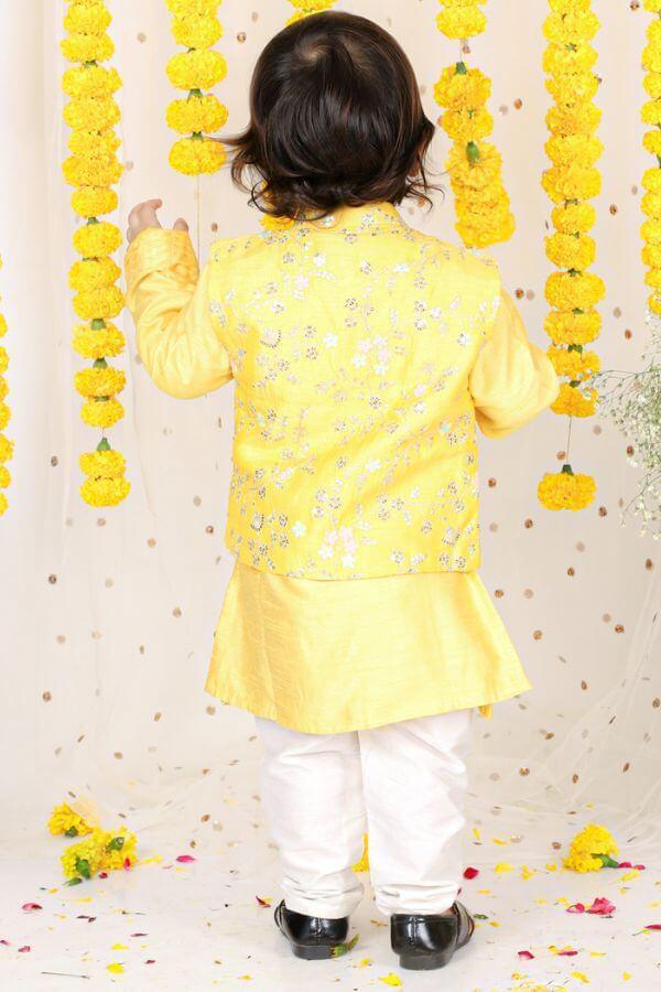 Floral Sequin Work Jacket With Yellow Kurta And Pyjama - Kirti Agarwal